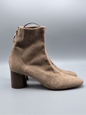 Zara Basic Ankle Boots Tan Suede Block Heel Zip Back Size 40 US 9